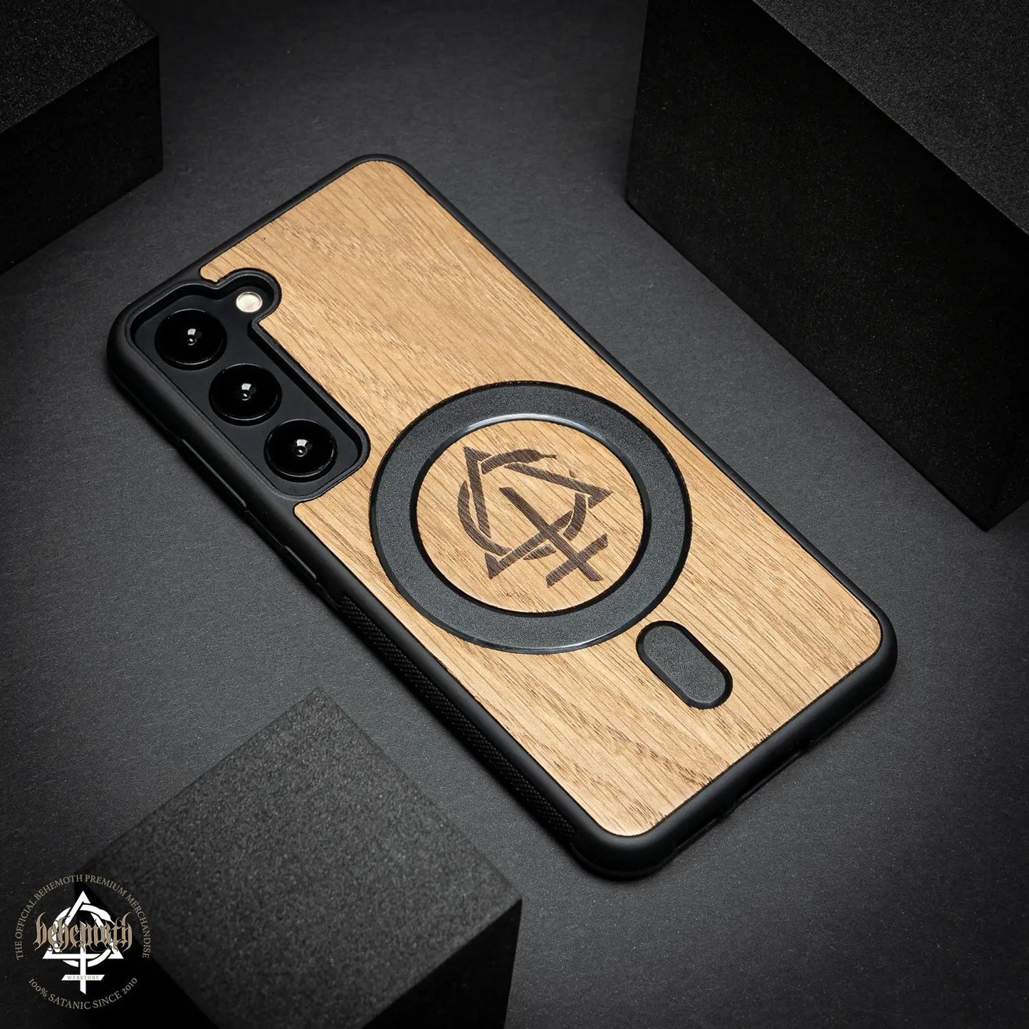 Samsung Galaxy S23 case with wood finishing and Behemoth 'CONTRA' logo